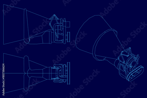 Blueprint of a rocket engine on a blue background, featuring detailed technical schematics, labeled engine components, and precise contour lines for scientific or engineering use.