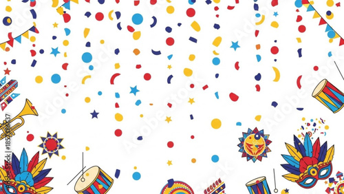 Festive Celebration: A vibrant tapestry of party elements, including confetti, banners, drums, and a mask, evokes a joyous atmosphere. Capturing a lively scene of celebration.
