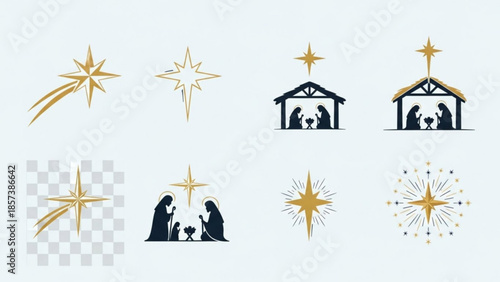 Christmas Icons: Various iconic illustrations of a star, representing the joyous spirit of Christmas. Showcasing the nativity scene and stars, symbolizing the birth of Christ and the guiding light.