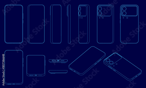 Phone blueprint set with sleek contours and glossy finishes. The modern phones feature curved edges against a sophisticated deep blue background.