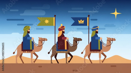 Three Wise Men's Journey: The timeless tale of the Three Wise Men, portrayed in a beautiful illustration, embark on their historic journey, with a guiding star illuminating their path.