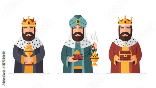 Three Kings' Journey: In a symbolic representation, three regal kings are depicted, each adorned in majestic attire and bearing symbolic gifts. Their expressions evoke reverence. 