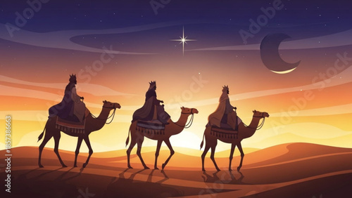 Journey to Bethlehem: Three figures on camels journey across a starlit desert toward a distant star, their silhouettes painted against the sunset sky.