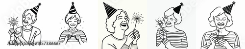 vector half body of a grandmother lighting small fireworks(sparkle) on New Year