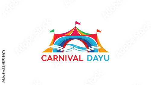 Carnival Dayu: A vibrant logo design for Carnival Dayu, showcasing a colorful carnival tent with arched structures, wave patterns, and flag banners against a clean backdrop.  