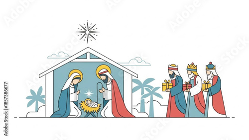 Nativity Scene Illustration: A peaceful illustration depicts the biblical nativity scene, with Mary, Joseph, and baby Jesus in the manger, visited by the three wise men, a symbol of hope and faith.