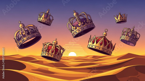 Floating Golden Crowns Over the Desert: A surreal artistic rendering, golden crowns float serenely above a desert landscape. Their radiant surfaces reflecting the warm hues of the setting sun.