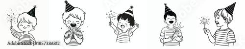 vector half body of a little boy lighting small fireworks(sparkle) on New Year