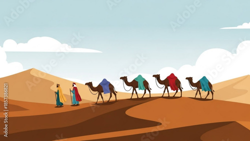 Journey to the Oasis: A caravan of camels traverses the endless expanse of the desert, guided by figures in flowing robes, their destination, a promise of life amidst the sands.