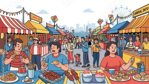 Vibrant Street Food Festival: A bustling street food festival unfolds, with food vendors, colorful stalls, and a lively crowd enjoying diverse culinary delights.