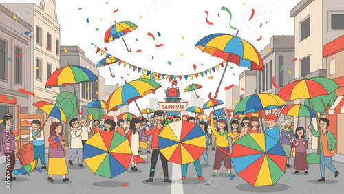 Carnival Celebration in the City: Capturing the vibrant energy of a festive carnival celebration with people joyfully parading through a city street.