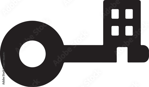 Key with building tooth silhouette icon representing property ownership and secure access.
