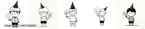 vector full body of a little boy stand lighting small fireworks(sparkle) on New Year