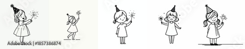 vector full body of a little girl stand lighting small fireworks(sparkle) on New Year