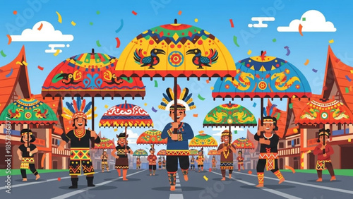 Cultural Celebration: A vibrant procession of individuals march through a sunlit townscape, proudly brandishing colorful umbrellas. Captured with crisp detail.