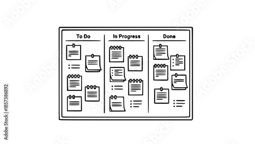 An outline illustration of a task management board with 'To Do', 'In Progress', and 'Done' columns filled with sticky notes.