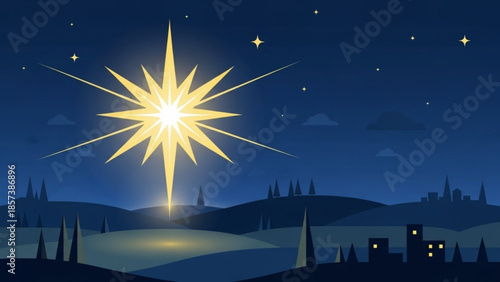 Celestial Light: A radiant star shines brightly in the night sky, casting a warm glow over a serene landscape, evoking a sense of wonder and peace.