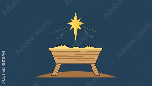 Christmas Star over Crib: A radiant star shines brightly above a wooden crib, symbolizing the birth of Christ and the spirit of Christmas, conveying a sense of hope and joy.