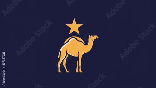 Symbol of the Nation: A stylized national flag featuring a golden camel beneath a radiant yellow star against a deep blue canvas. Reflecting cultural heritage and unity