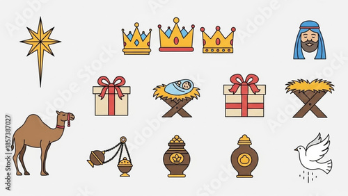 Sacred Symbols: An array of vibrant icons, including a star, crowns, a camel, gifts, and a dove, are meticulously arranged to represent religious symbolism