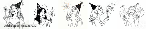 vector half body of a woman lighting small fireworks(sparkle) on New Year