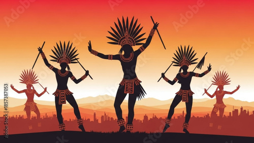Silhouette Dancers in Sunset: Five figures, adorned in traditional attire, perform a rhythmic dance against a vibrant sunset, their silhouettes evoking a sense of cultural heritage and vibrant energy.