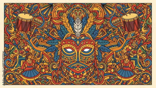 Carnival Festivity: Intricate mask design with vibrant, festive elements. Showcasing traditional drums, colorful patterns, and a spirit of celebration.