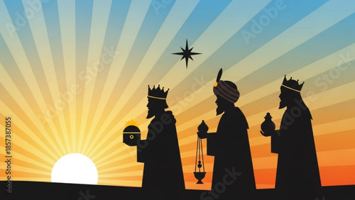 The Wise Journey: A silhouette of three wise men, illuminated by the radiant glow of a radiant sunrise, embarking on a quest under a guiding star.