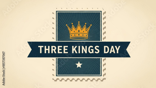 Three Kings Day Stamp: A celebratory postage stamp design, featuring a regal crown and festive typography, representing the spirit of Three Kings Day.