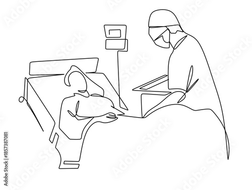 Continuous line. A doctor is examining a patient lying on a bed in a patient care room. Medical illustration. Hand-drawn line art vector illustration. Editable strokes.