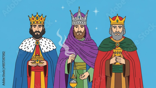Three Wise Men's Festive Gathering: Three regal figures, adorned in vibrant robes and crowns, stand united as they each hold sacred gifts in a gesture of reverence and harmony.