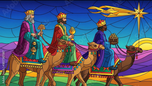 Journey of the Wise: Three regal figures, symbolizing wisdom and faith, embark on a pilgrimage atop their camel, following a guiding star across a vibrant sky toward their destination.