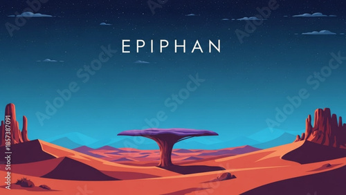 Epiphan Landscape: An otherworldly landscape is showcased, the vast desert under a twilight sky with a unique tree stands prominently in the center.