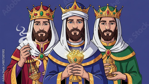 Three Wise Figures: A regal illustration captures three wise figures, each adorned with a crown and robes, embodying wisdom and regal bearing