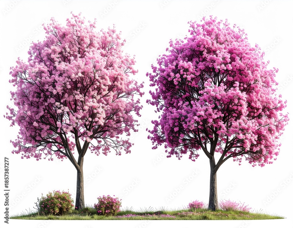 Obraz premium Two trees with pink blooms on grassy patch