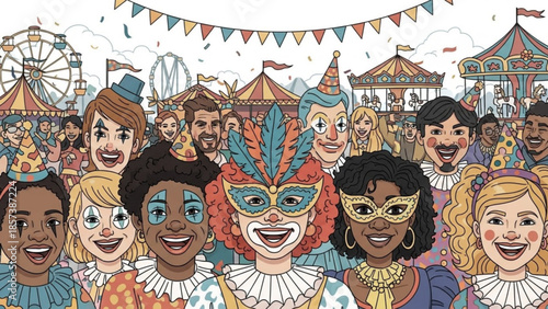 Carnival Delight: A vibrant illustration capturing the joyous atmosphere of a carnival, filled with costumed revelers and lively activity.