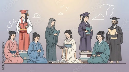 Ancient Scholars Studying: Illustration of diverse scholars engrossed in study, dressed in traditional attire, embodying intellectual pursuit and cultural heritage.