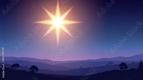 Guiding Star: A celestial beacon shines brightly over a serene landscape at dusk, illuminating the twilight sky with its radiant glow.