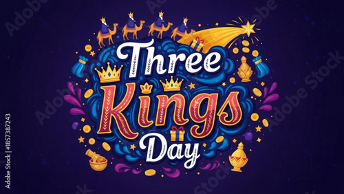 Three Kings Day illustration: A vibrant illustration for the Three Kings Day celebration, featuring a celestial star, camels and gift. A day of giving and cultural traditions.