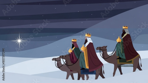 Journey of the Magi: A serene depiction of the biblical Magi, riding camels under a starlit night, illuminated by the radiant guiding star, evoking a sense of reverence and journey.