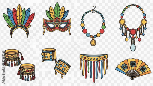 Carnival Accessories: a vibrant collection of Carnival accessories, including festive masks, elaborate necklaces, and ornamental fans