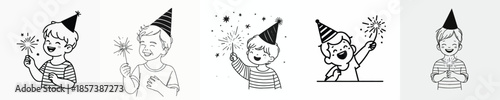 vector half body of a little boy lighting small fireworks(sparkle) on New Year