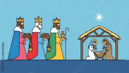 Three Wise Men's Pilgrimage to the Manger: A vivid illustration of the traditional Christian narrative, depicting the arrival of three wise men at the manger.