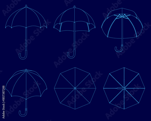 Six unique umbrella designs arranged symmetrically on a solid blue background. The distinct shapes and sizes create a striking contour set with high visual contrast.
