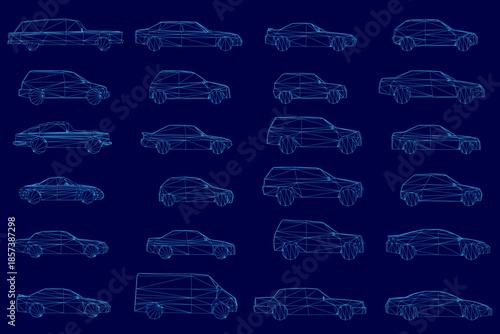 Low poly wireframe cars arranged in a neat grid on a solid blue background. Each vehicle features a distinct geometric design for urban concepts. The clean layout creates a modern and versatile.