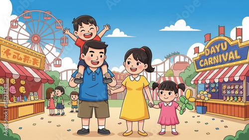 Family Fun Day at the Carnival: An illustrated image captures a joyous family, embracing a carnival atmosphere with vibrant stalls and exciting rides.