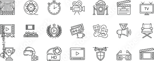 Cinema and film production line icon set with movie camera clapperboard theater and entertainment symbols isolated on white background vector illustrationWeb