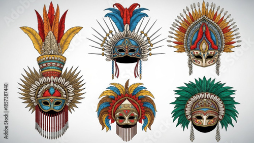 Cultural Masks: A captivating illustration showcases a collection of elaborately designed masks, each adorned with vibrant feathers and intricate details.