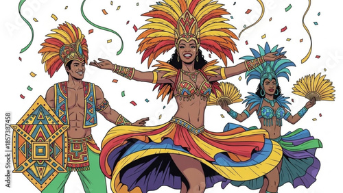 Carnival Dancers Illustration: Vibrant carnival dancers adorned in colorful costumes move with infectious energy, creating an explosion of joy and rhythm within a festive parade.