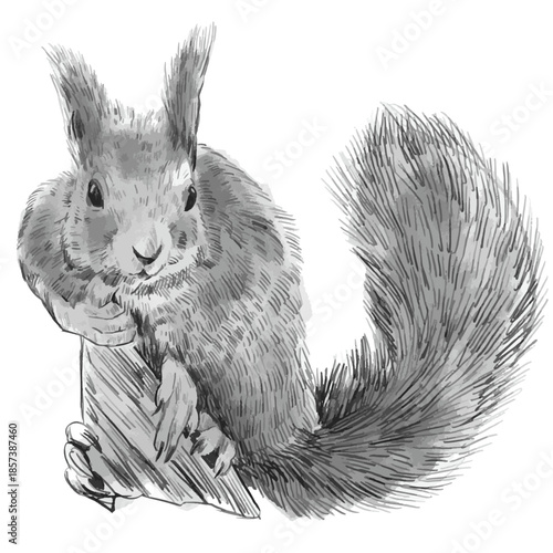 Squirrel. Black and white pencil drawing of a squirrel with fluffy long ears and tail isolated on a white background. Hand draw realistic vector drawing of a forest animal in the wild